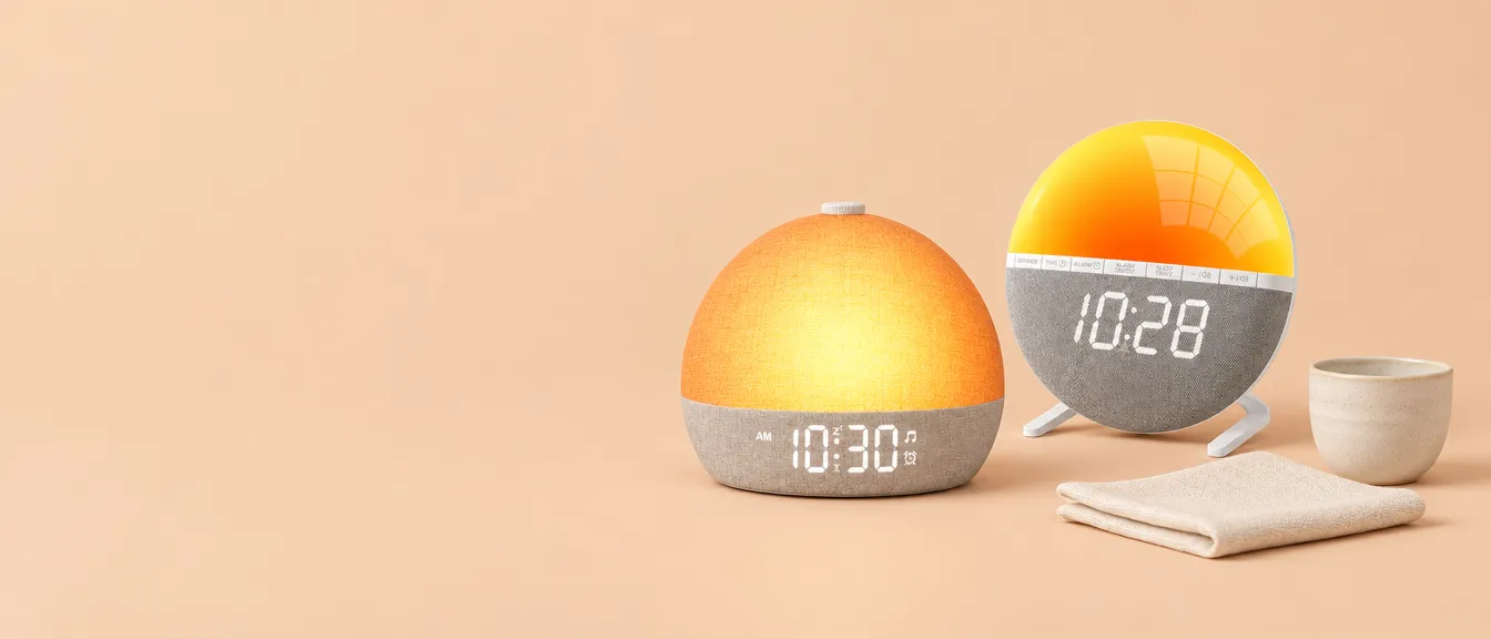 Two Dawnly sunrise alarm clocks glowing warm amber on an apricot backdrop